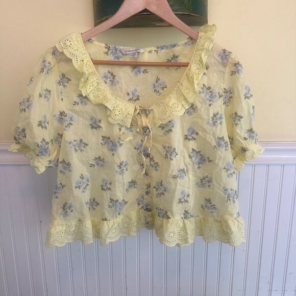 Yellow Floral Ruffle Neck Blouse By American Eagle L - Picture 1 of 6